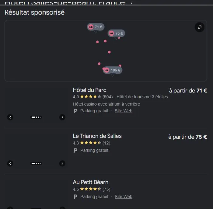 Module hôtels de Google pour « hôtel Salies-de-Béarn » : les hôtels de la ville affichés avec notes et prix. Relevé de juillet 2026.