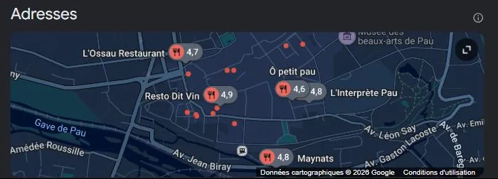 Pack local Google pour « meilleur restaurant Pau » : les restaurants les mieux notés géolocalisés sur la carte. Relevé de juillet 2026.