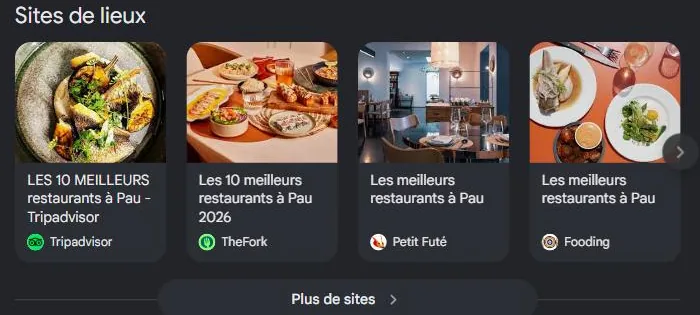 Section Sites de lieux de Google pour « meilleur restaurant Pau » : classements Tripadvisor, TheFork et guides, les sources que les IA recoupent. Relevé de juillet 2026.